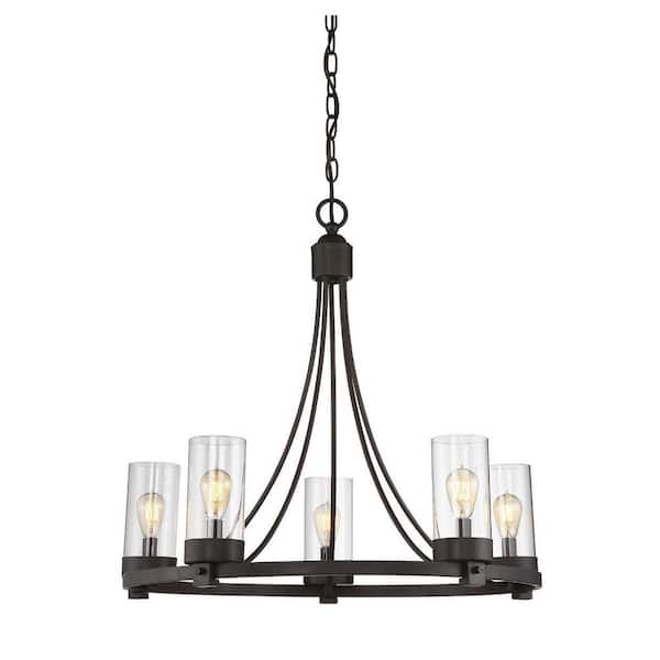 TUXEDO PARK LIGHTING 26 in. W x 23 in. H 5-Light Oil Rubbed Bronze Chandelier with Clear Glass Cylindrical Shades