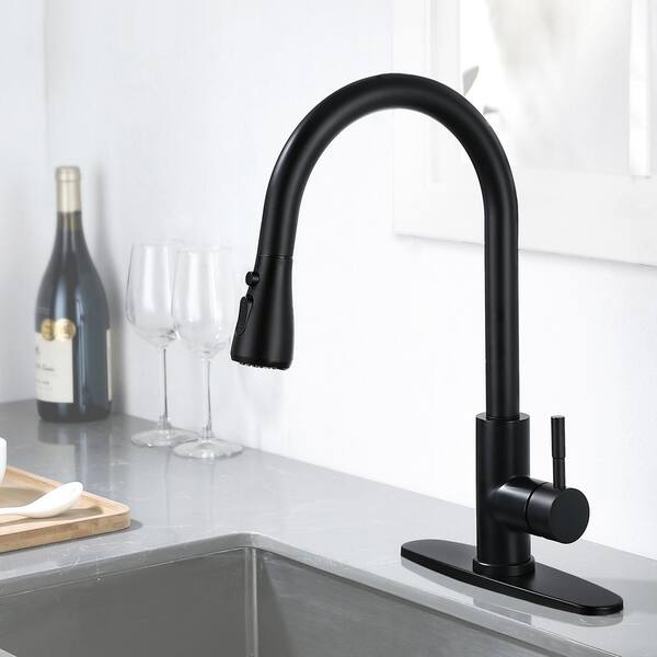 SHACO Matte Black Kitchen Faucet – Pull-Down Sprayer, Soap Dispenser, Low Lead