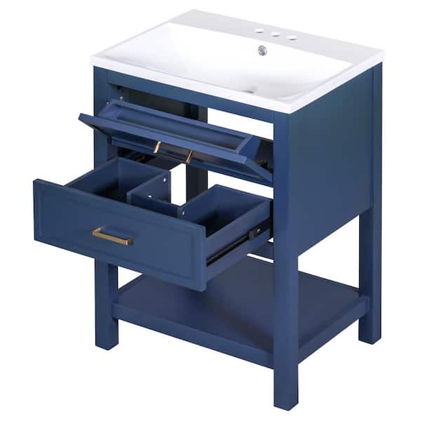 Unbranded 24 in. W x 18 in. D x 34 in. H Freestanding Bath Vanity in Blue with White Resin Top and DrawersandOpen Shelves