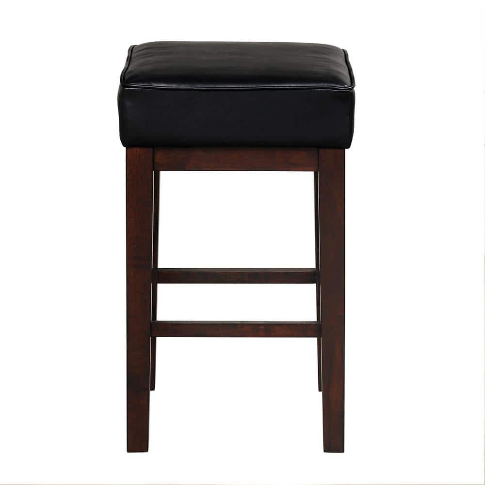 Black Faux Leather and Wood Backless Counter Stools, 26 Inch