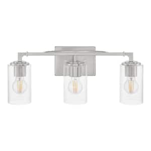 Helenwood 21.75 in. 3-Light Brushed Nickel Bathroom Vanity Light with Clear Seeded Glass