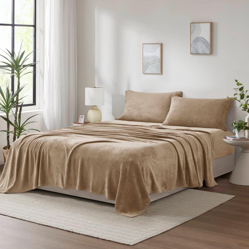 Taupe King Size Plush Polyester Sheet Set with Pillowcases