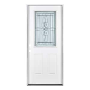 36 in. x 80 in. Right-Hand/Inswing Decorative Glass White Finished Fiberglass Prehung Front Door with Lockset Bore
