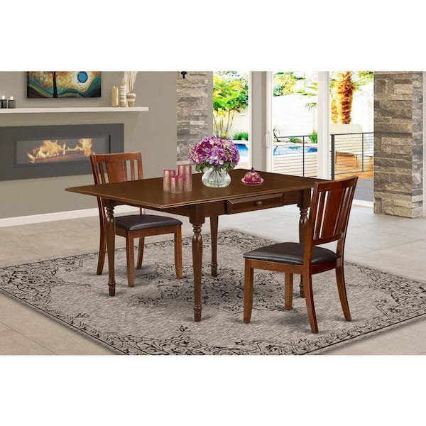 East West Furniture 3-Piece Mahogany Finish Solid Wood Top with Dropleaf Dining Table Set