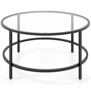 36 in. Black Round Tempered Glass Tabletop Coffee Table Metal Frame Living Room