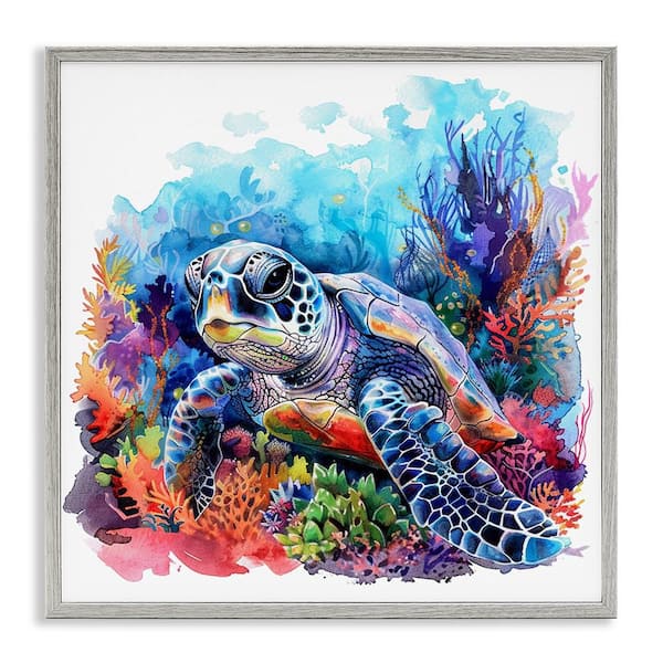 Stupell Industries Undersea Turtle and Coral by LSR Design Studio Gray Framed Animal Giclee Art Print 12 in. x 12 in.