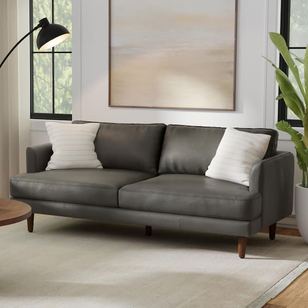 Simpli Home Livingston 76 in. Straight Arm Genuine Leather Wide