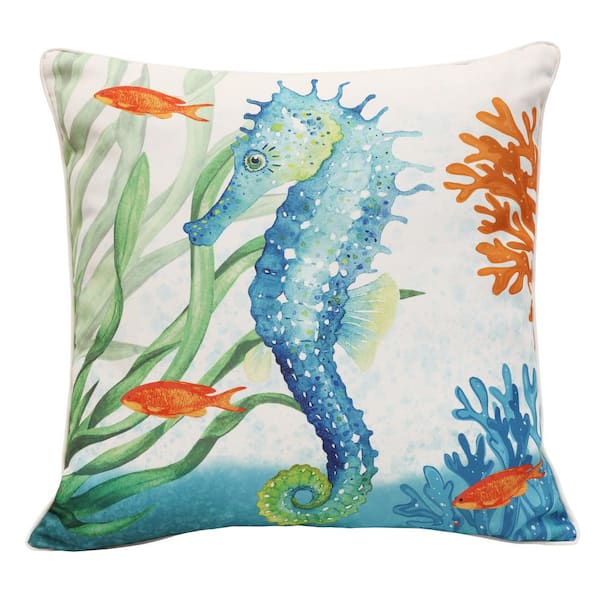Commonwealth Home Fashions Marine Life 24 in. x 24 in. Large Outdoor Reversible Throw Pillow White with Sea Horse Coral Print