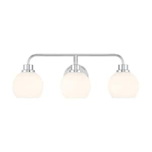 Meridian 24 in. W x 8.25 in. H 3-Light Chrome Contemporary Bathroom Vanity Light with White Opal Glass Shades