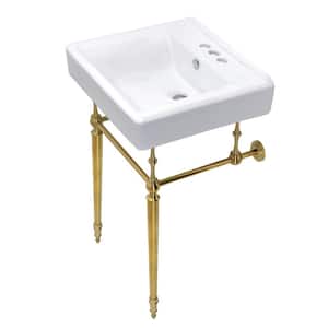 Edwardian Ceramic White Console Sink Basin and Leg Combo in Brushed Brass