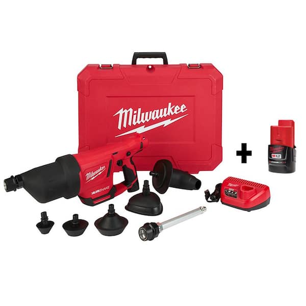 Milwaukee M12 12V Lithium-Ion Cordless Drain Cleaning Airsnake Air Gun Kit with (2) 2.0 Ah Batteries, Toilet Attachments