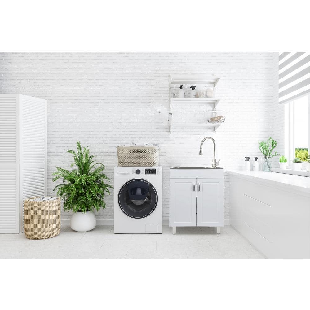 Stainless Steel Utility Sink with White Storage Cabinet