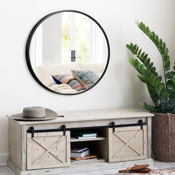 32 in. W x 32 in. H Round Slim Frame Aluminum Alloy Wall Mounted Bathroom Vanity Mirror in Black