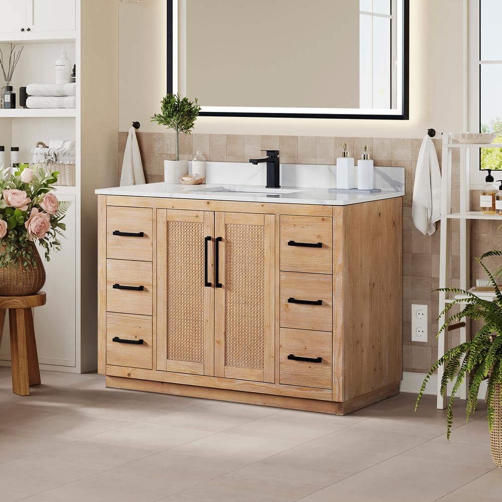 Light Brown Fir Wood Vanity with Calacatta Quartz Top, 48 Inch