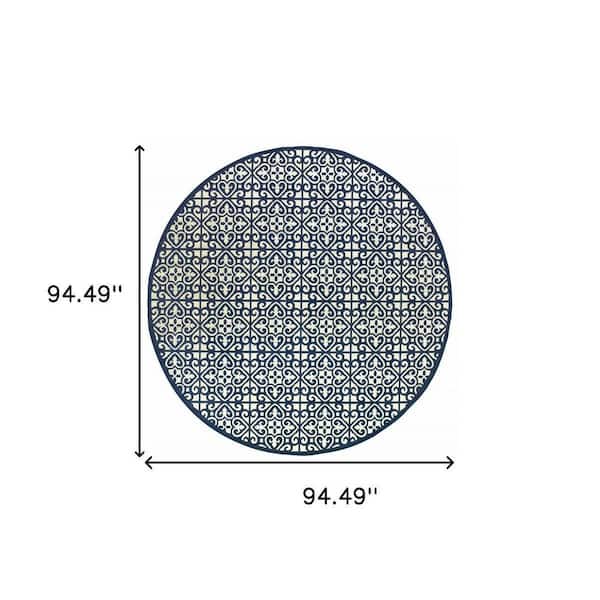 Ivory, Blue 8 ft. x 8 ft. Loomed Geometric Polypropylene Round Indoor/Outdoor Area Rug