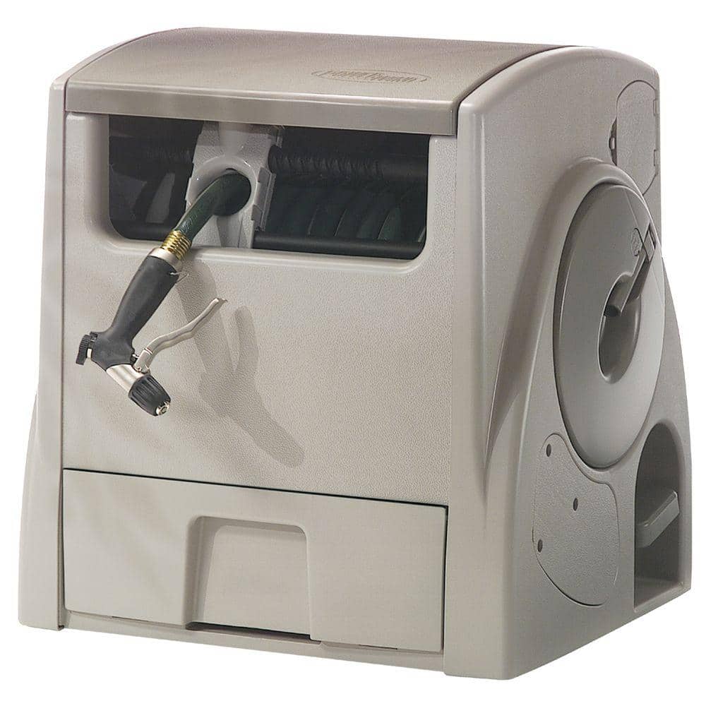 Taupe Resin Automatic Rewind Garden Hose Reel