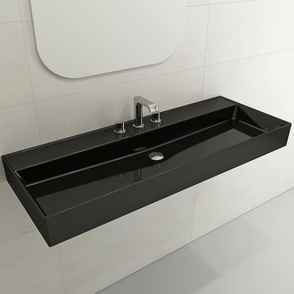 BOCCHI Milano Black 47.75 in. 3-Hole Wall-Mounted Fireclay Rectangular Vessel Sink with Overflow