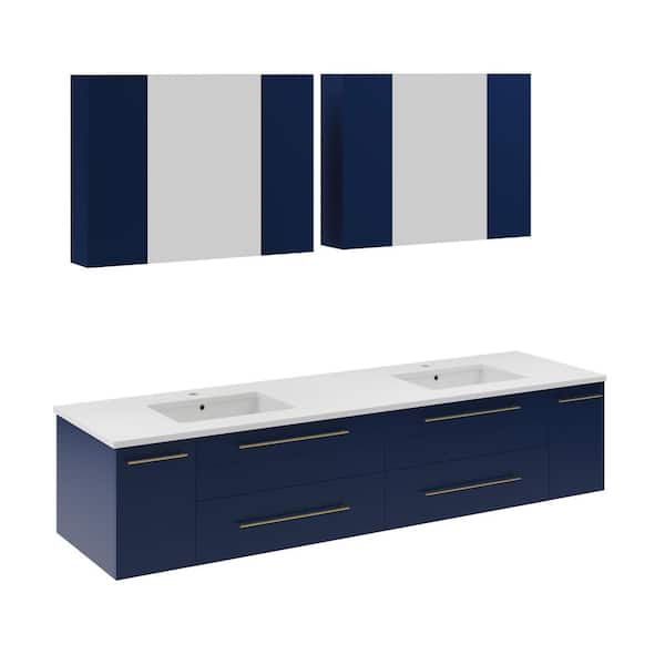 Fresca Lucera 72 in. Double Sink Wall Mount Royal Blue Bath Vanity with White Quartz Top, Undermount Sinks & Medicine Cabinets
