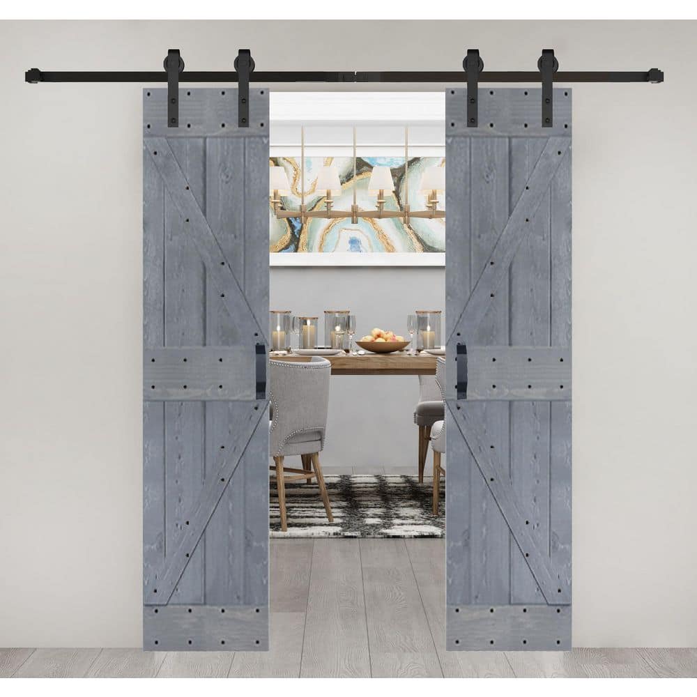 Dark Gray Solid Wood Double Sliding Barn Door Kit with Matte Black Hardware