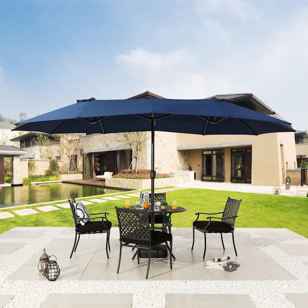 TOP HOME SPACE 15 ft. x 9 ft. Steel Market Double-sided Patio Umbrella in Blue
