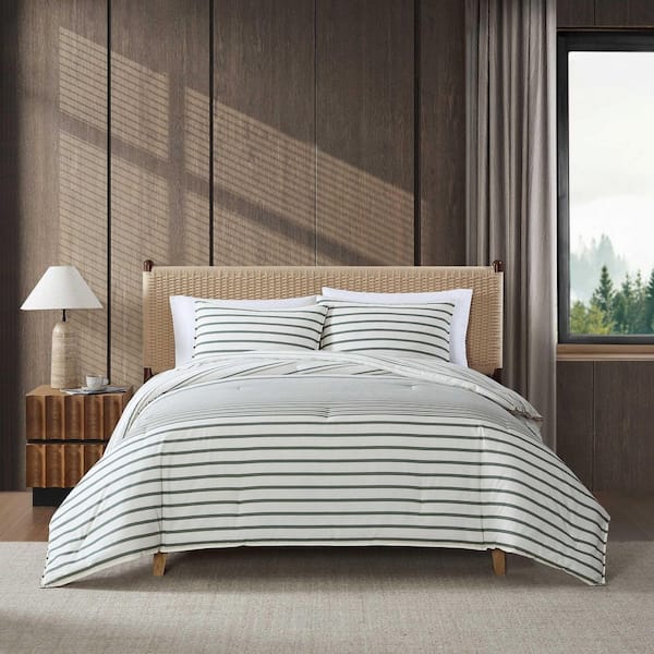 Cooper Stripe 3-Piece Green Plain Weave Cotton Full/Queen Duvet Cover Set