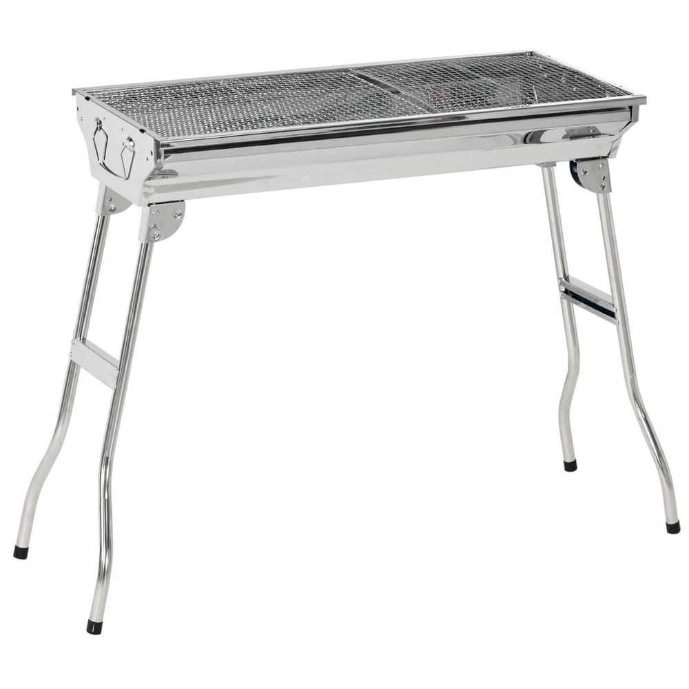 Outdoor Folding Portable Charcoal Grill in Stainless Steel with Pan, Grill Rack, Shelves, Hooks -  Sudzendf, TOUTD2494