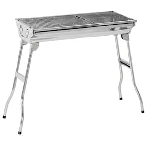 Outdoor Folding Portable Charcoal Grill in Stainless Steel with Pan, Grill Rack, Shelves, Hooks