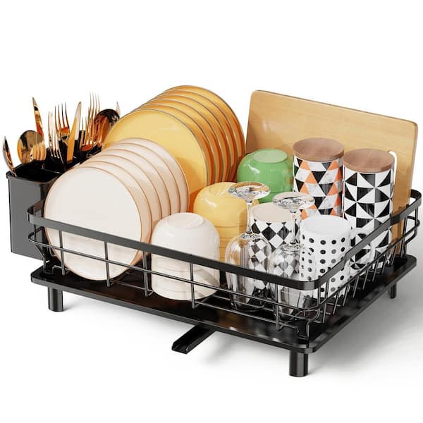 Numhew 16.7 in. x 12.8 in. Black Dish Drying Rack with Drainboard, 1-Tier Stainless Steel Dish Rack with Utensil Holder