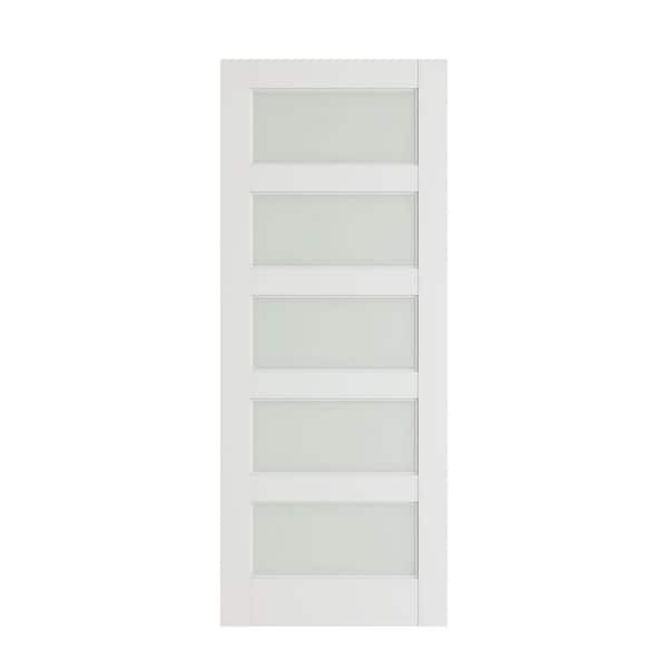 28 in x 80 in 5-Lite Solid Core Frosted Glass White Primed MDF Wood Interior Door Slab(No Hardware Included)