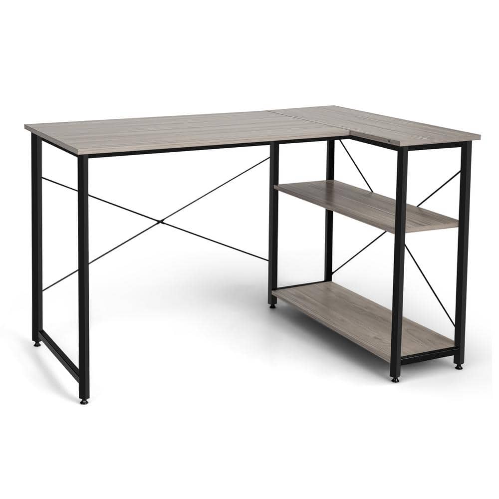 Gray 48'' L-Shaped Wood Computer Desk with Shelves