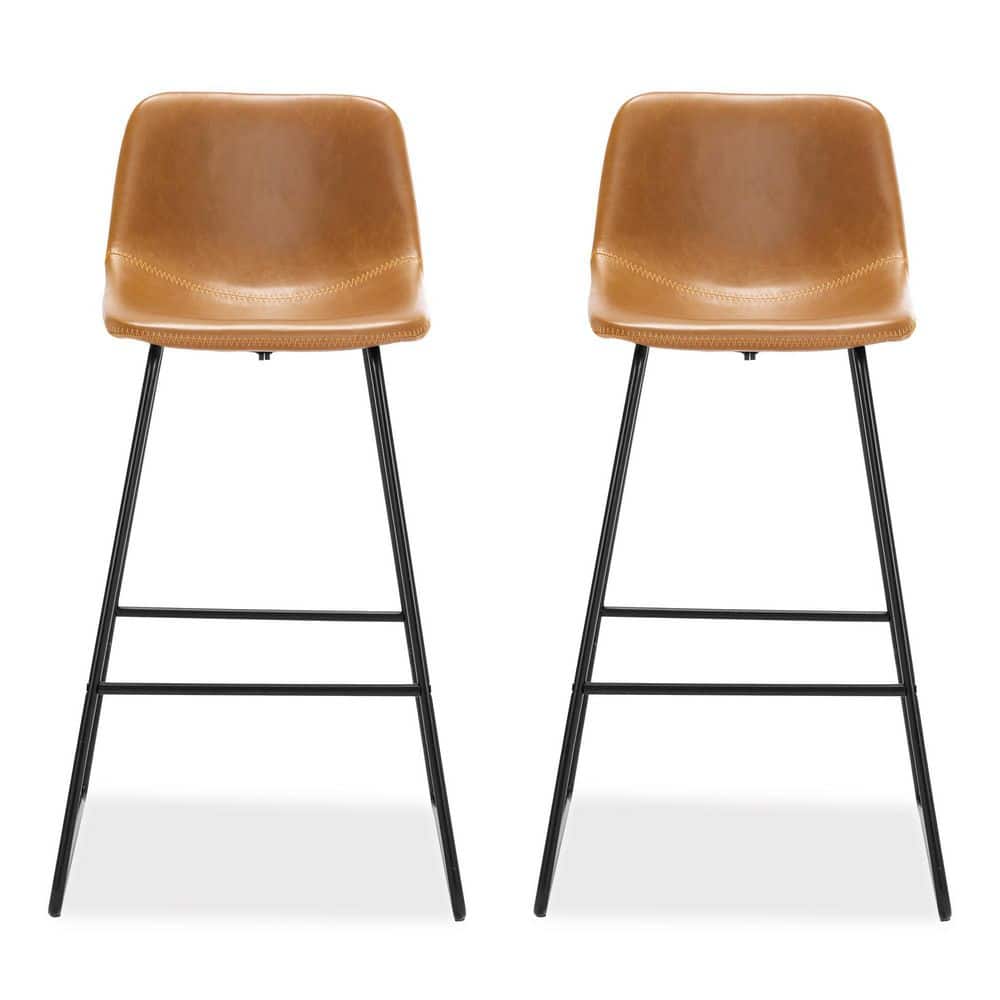 Whiskey Brown Faux Leather Mid-Century Bar Stools, Set of 2