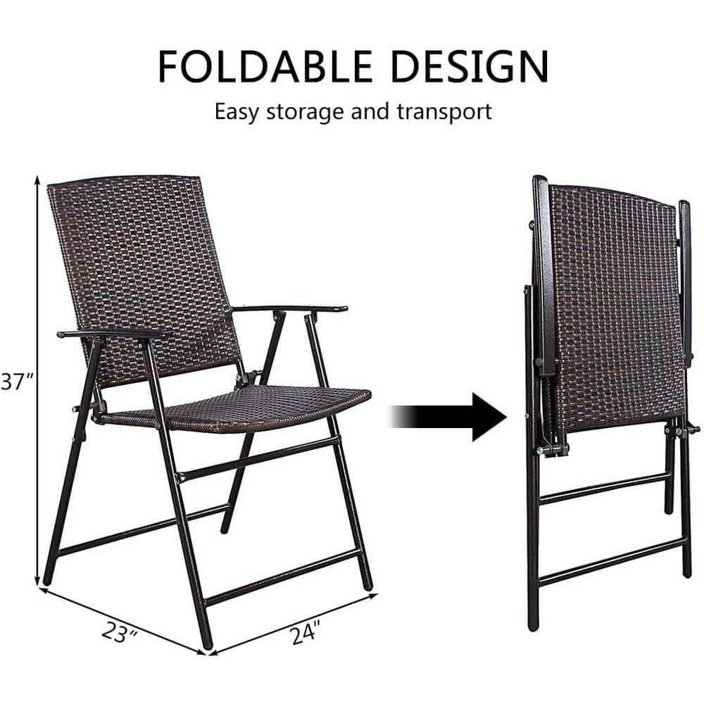Brown Wicker Folding Outdoor Dining Chairs with Steel Frame, Set of 4