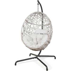Wicker Patio Swing Egg Chair Basket Rattan Teardrop Hanging Lounge Chair with Stand and Cushions