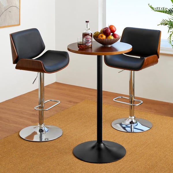 Glitzhome Modern Bar Table with Round Walnut Top and Black Metal Base