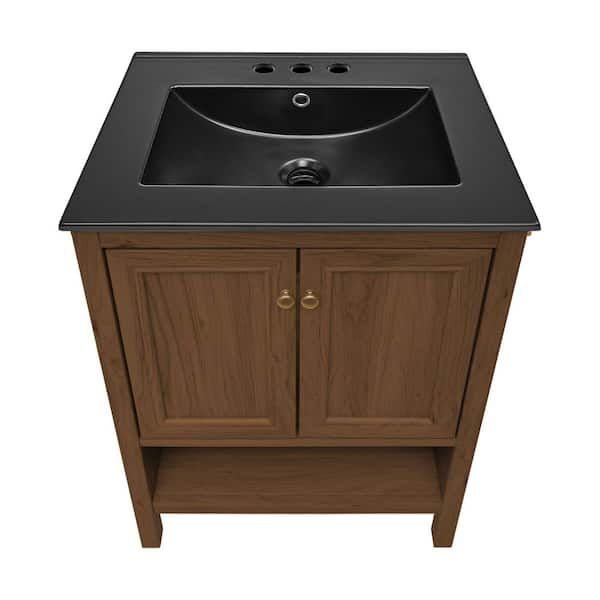 Château 24" Freestanding Bathroom Vanity in Brown Oak with Black 3-Hole Centerset Ceramic Sink Top