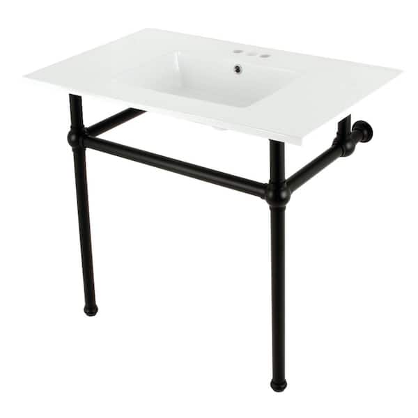 Kingston Brass Fauceture 37 in. Ceramic Console Sink Set with Brass Legs in White/Matte Black