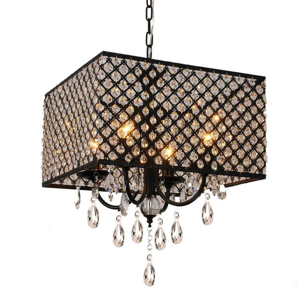 LamQee 15.7 in. 4-Light Black Square Metal Crystal Chandelier