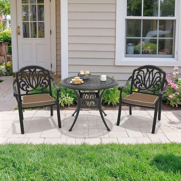 Elizabeth Black 3-Piece Cast Aluminum Outdoor Dining Set, 35.43 in. Round Table and 2 Patio Chairs with Brown Cushions