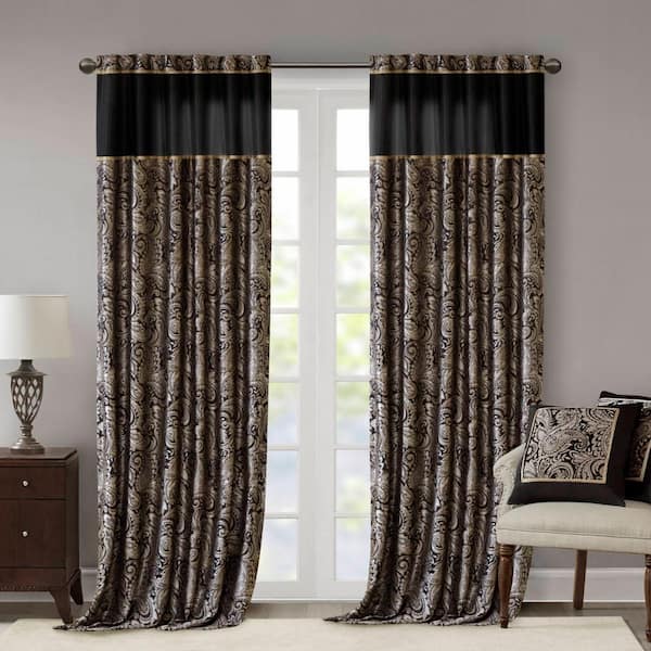 Madison Park Wellington Black Paisley Polyester 50 in. W x 108 in. L Light Filtering 2-Piece Rod Pocket and Back Tabs Curtain