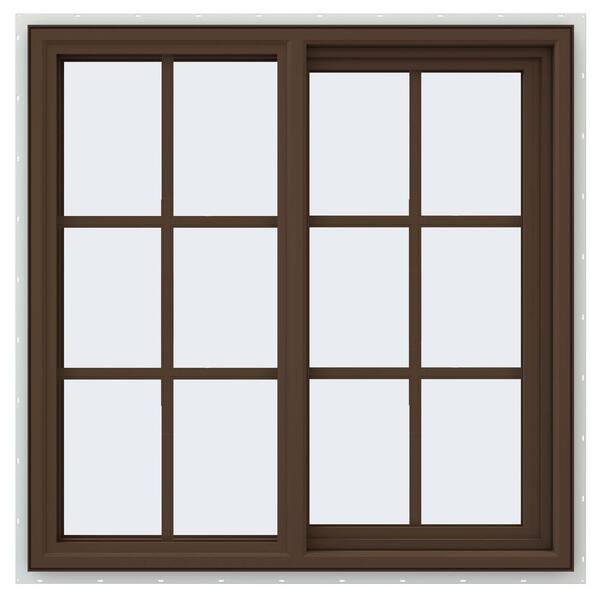 JELD-WEN 35.5 in. x 35.5 in. V-4500 Series Brown Painted Vinyl Right-Handed Sliding Window with Colonial Grids/Grilles