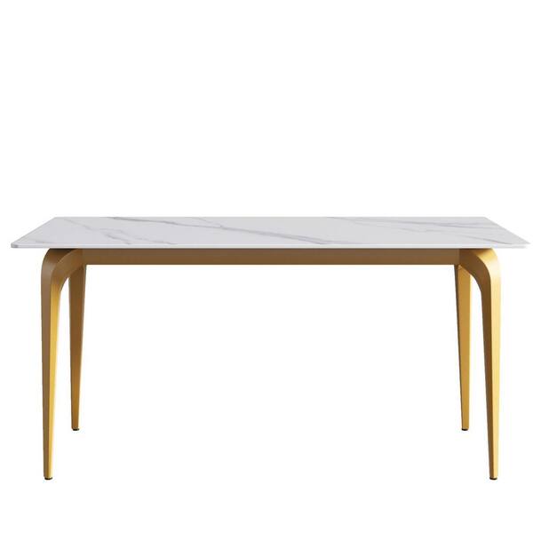 Magic Home 63 in. Luxury Sintered Stone Rectangle White Top Gold Metal