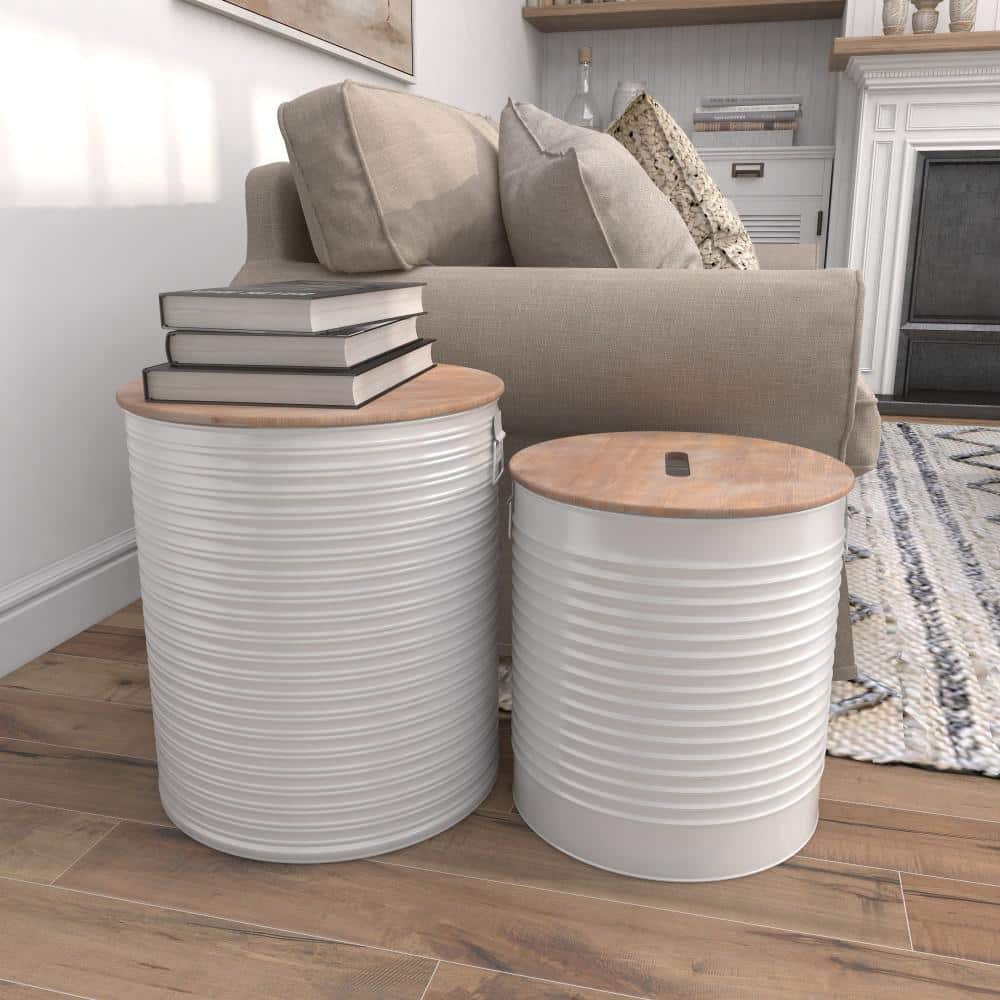 White Metal Cylinder Storage Stools with Brown Wood Tops, Set of 2
