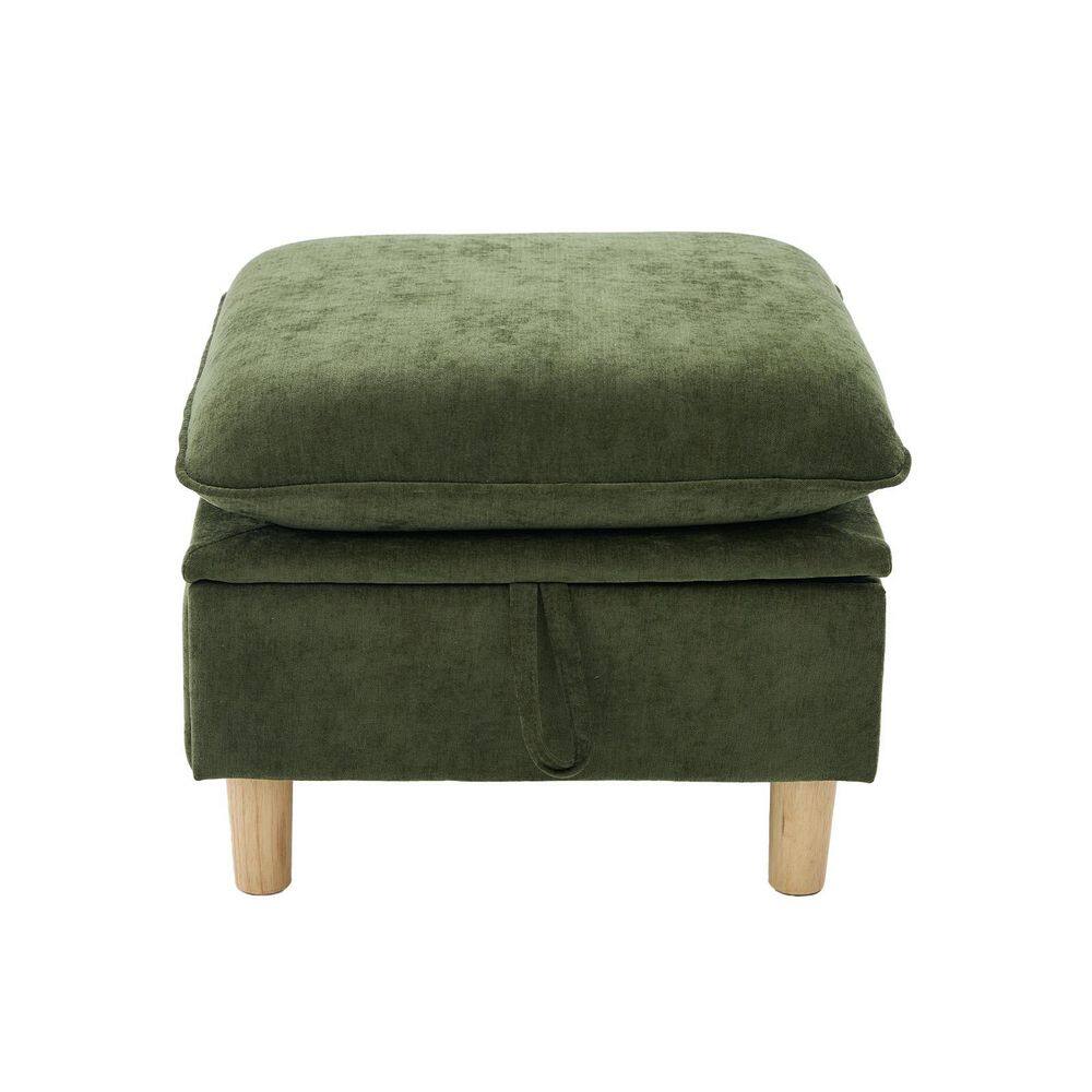 Front view of an emerald green chenille square storage ottoman with light wood legs.