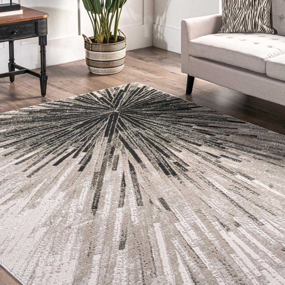 Beige and Black Abstract Synthetic 5' x 8' Area Rug