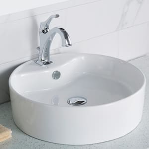 Round Ceramic Vessel Bathroom Sink with Overflow in White