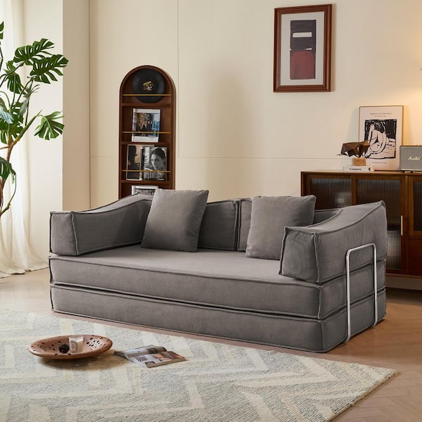JASIWAY 78.7 in. W Square Arm Corduroy Fabric Rectangle Convertible Sofa in Gary