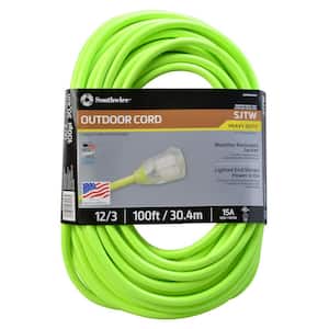 100 ft. 12/3 SJTW Outdoor Heavy-Duty Neon Green Extension Cord with Power Light Plug