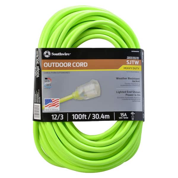 Southwire 100 ft. 12/3 SJTW Outdoor Heavy-Duty Neon Green Extension Cord with Power Light Plug