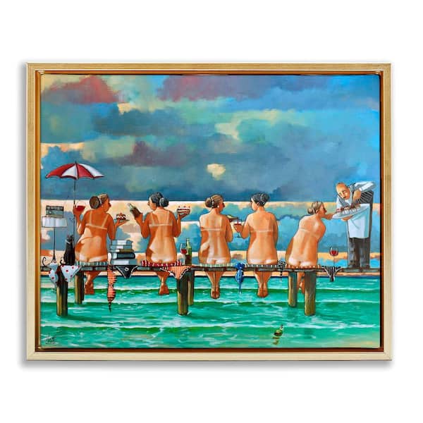 Stupell Industries Women on Dock with Tan Lines by Ronald West 1-Piece Gold Floater Frame People Graphic Art Print 17 in. x 21 in.