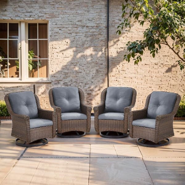 ChrysArm Chrysanthemum 4-Piece Brown Swivel Glider Wicker Outdoor Rocking Chair with Gray Cushions Patio Swivel Chairs